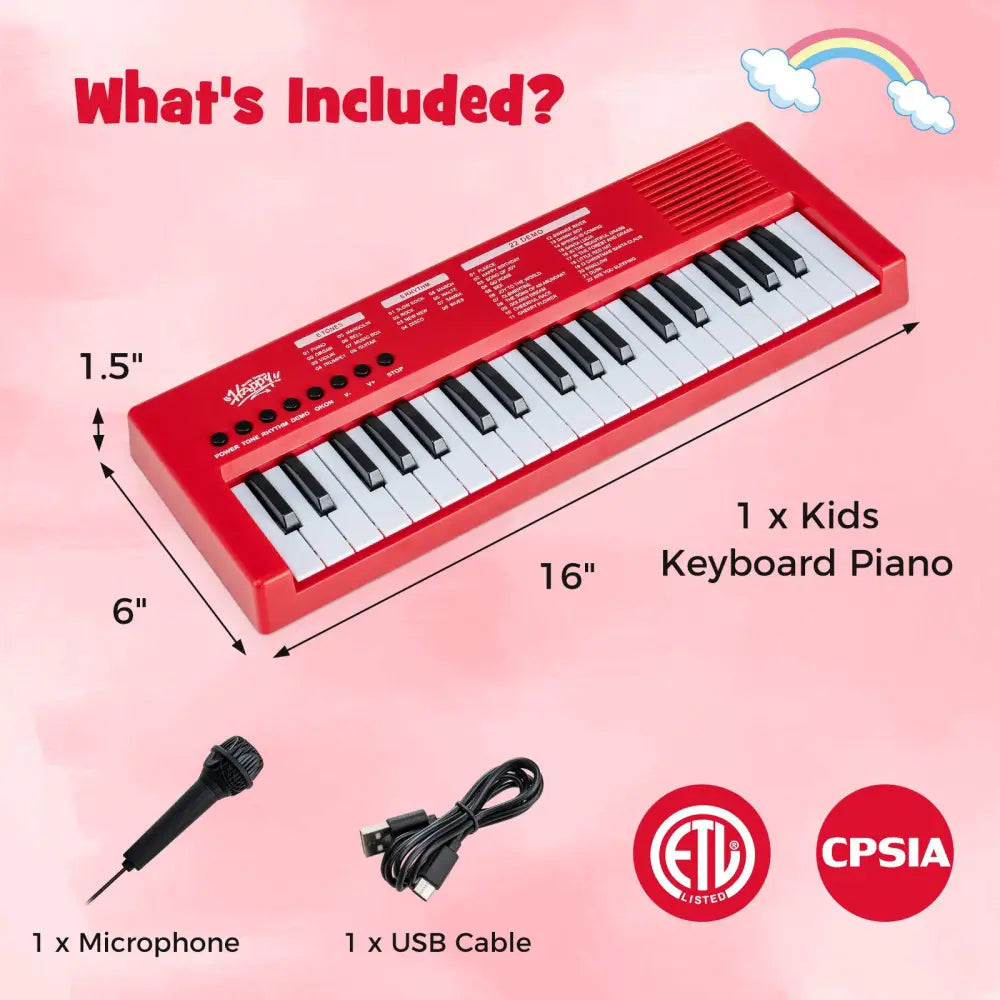 37 Keys Kids Piano Keyboard with 8 Rhythms and Microphone-Red - Red - Pianos & Keyboards