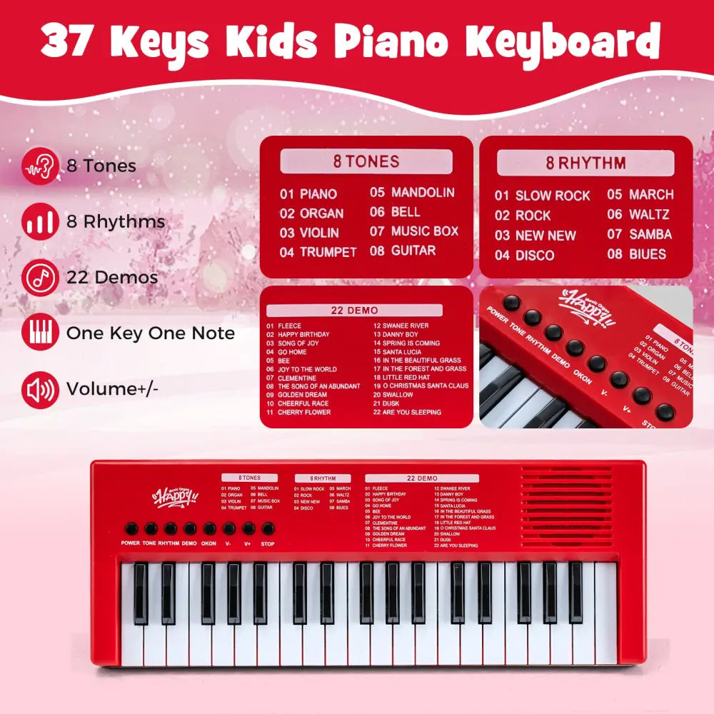 37 Keys Kids Piano Keyboard with 8 Rhythms and Microphone-Red - Red - Pianos & Keyboards