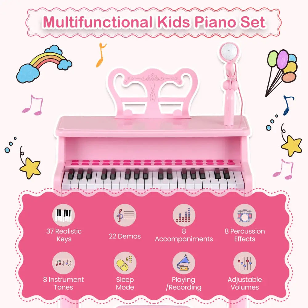 37 Keys Music Piano with Microphone Kids Piano Keyboard with Detachable Music Stand-Pink - Pink - Pianos & Keyboards