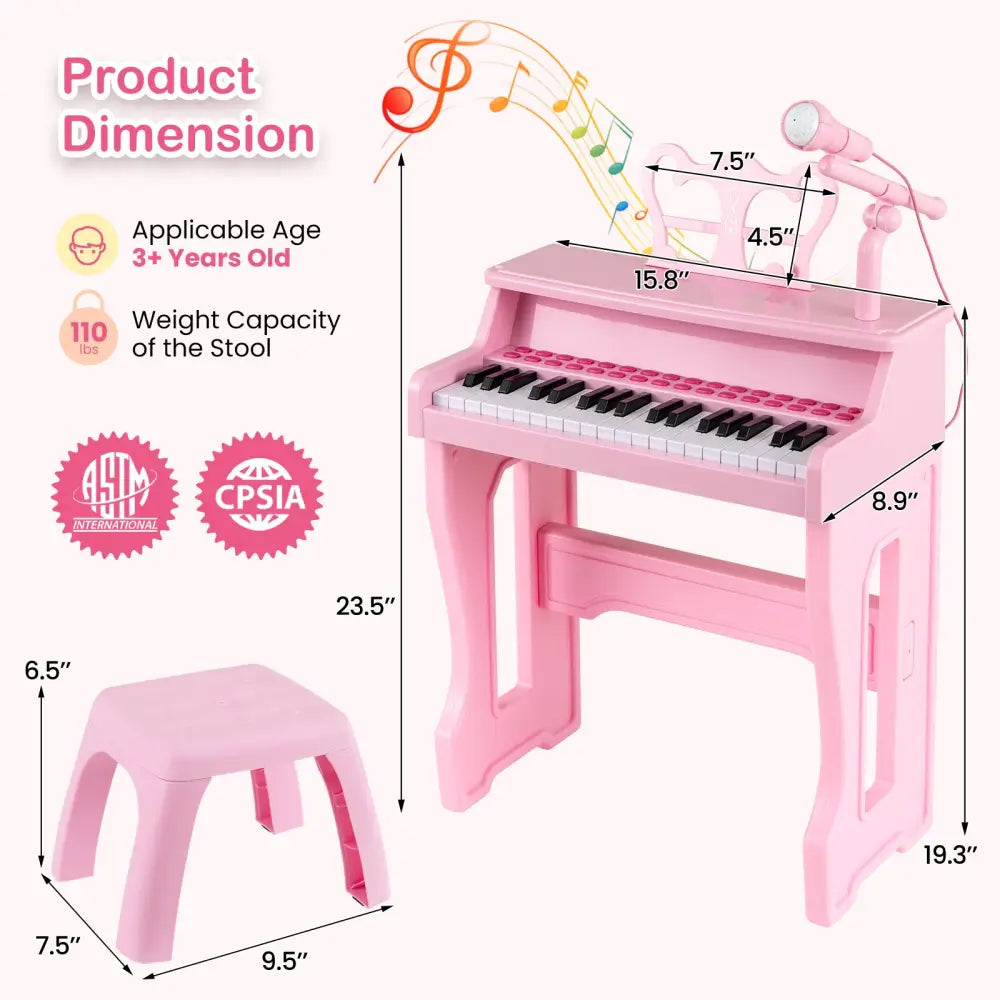 37 Keys Music Piano with Microphone Kids Piano Keyboard with Detachable Music Stand-Pink - Pink - Pianos & Keyboards