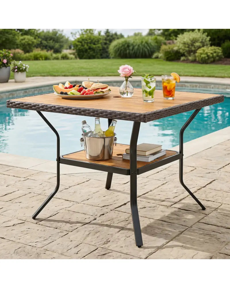 37’’ Square Outdoor Dining Table for 4 with Acacia Wood Tabletop and 2’’ Umbrella Hole-Brown - Brown - Dining Tables