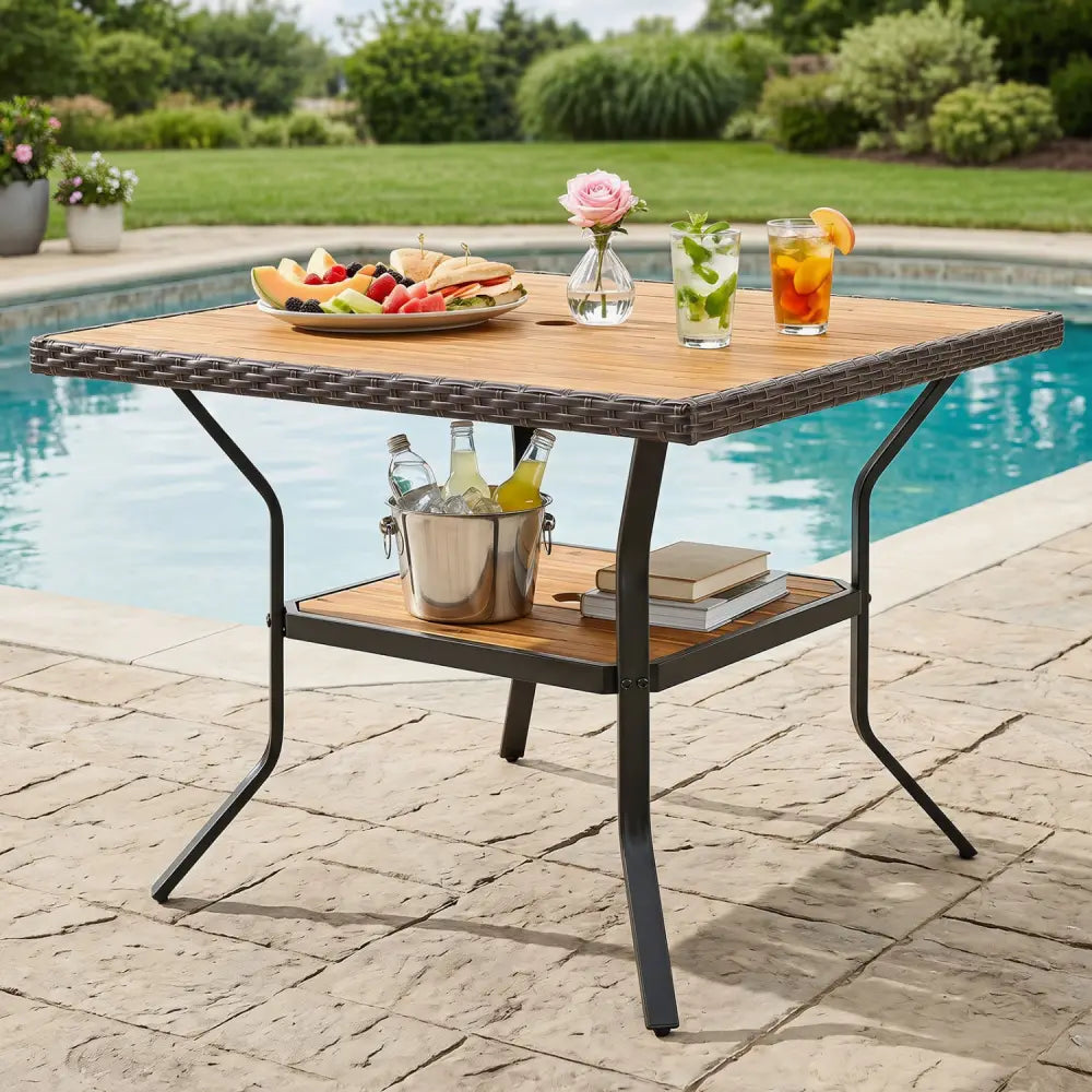 37’’ Square Outdoor Dining Table for 4 with Acacia Wood Tabletop and 2’’ Umbrella Hole-Brown - Brown - Dining Tables