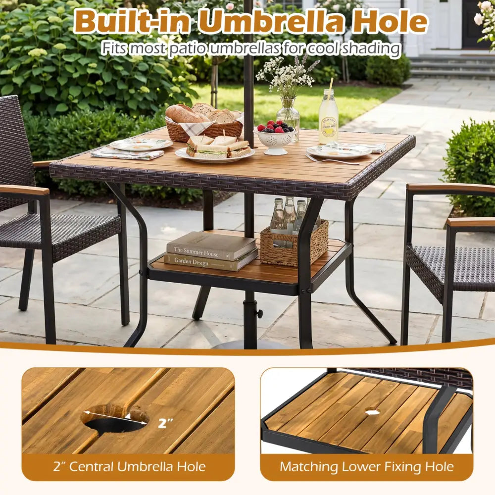 37’’ Square Outdoor Dining Table for 4 with Acacia Wood Tabletop and 2’’ Umbrella Hole-Brown - Brown - Dining Tables