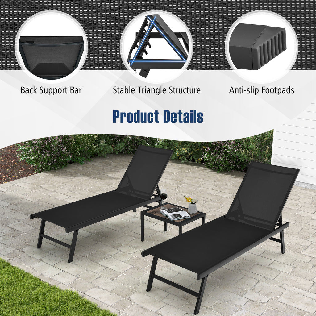 3 Pieces Patio Chaise Lounge Chair and Table Set for Poolside Yard-Black