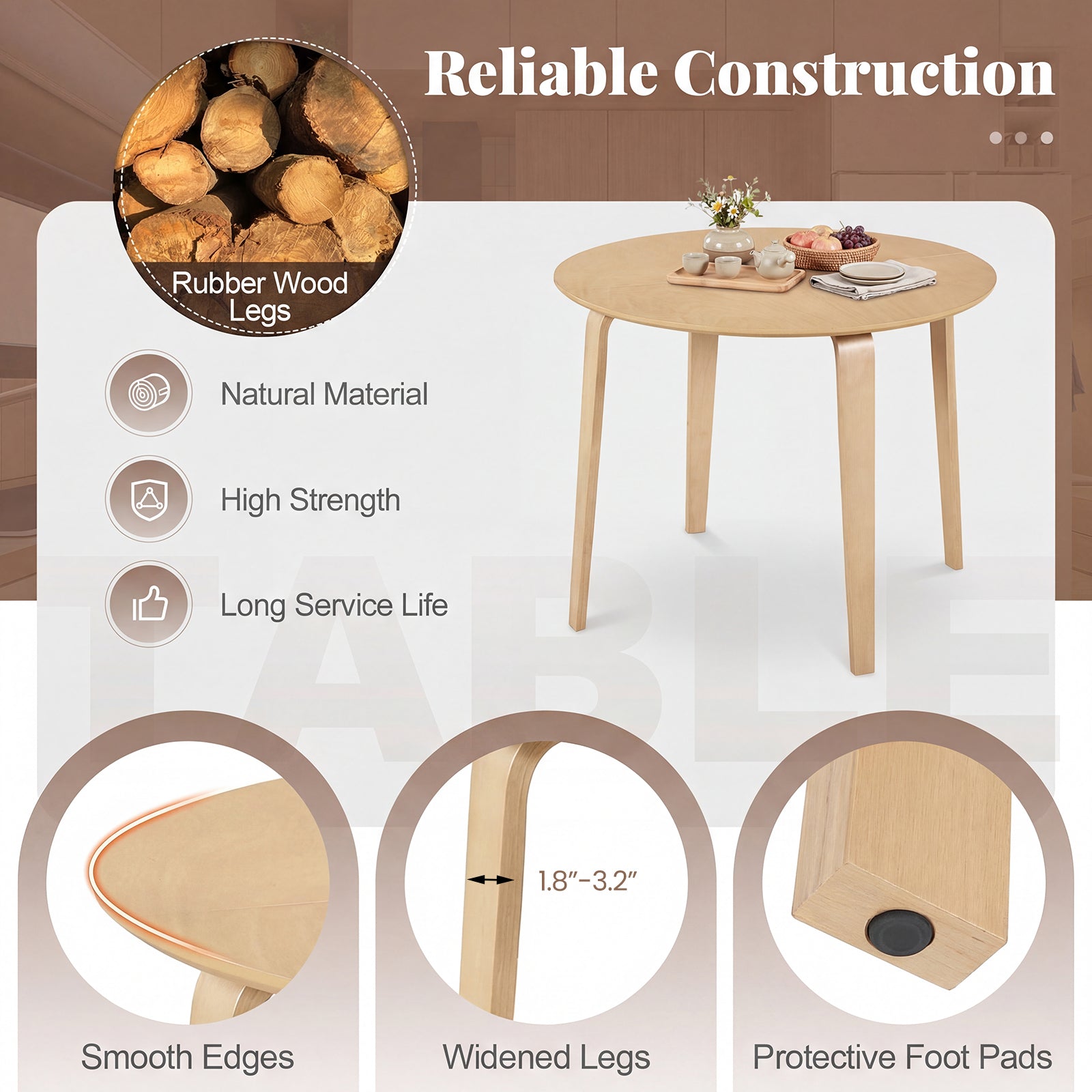 37.5" Round Dining Table with Rubber Wood Legs for Small Space-Natural