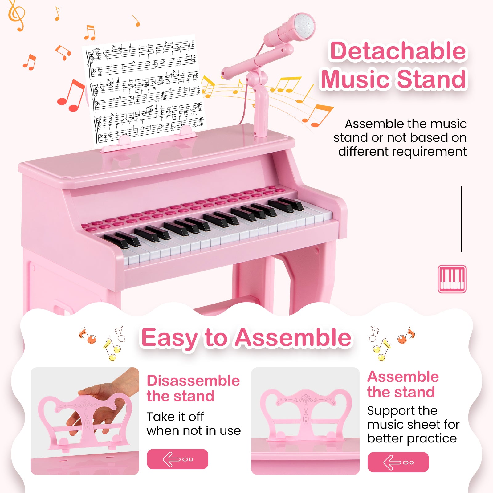 37 Keys Music Piano with Microphone Kids Piano Keyboard with Detachable Music Stand-Pink
