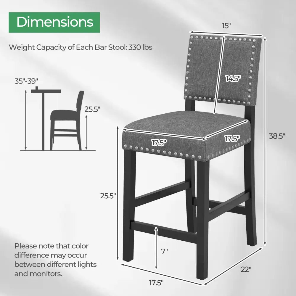 38.5/43.5 Inch Set of 2 Counter Height Chairs with Solid Rubber Wood Frame-S - Gray - Dining Chairs