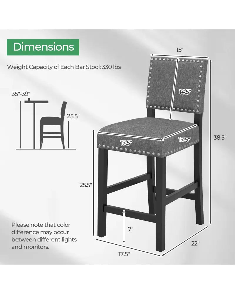38.5/43.5 Inch Set of 2 Counter Height Chairs with Solid Rubber Wood Frame-S - Gray - Dining Chairs