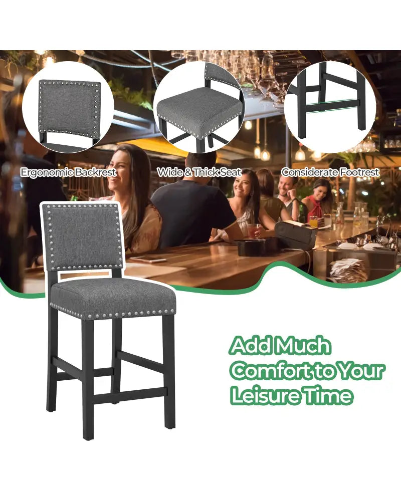 38.5/43.5 Inch Set of 2 Counter Height Chairs with Solid Rubber Wood Frame-S - Gray - Dining Chairs