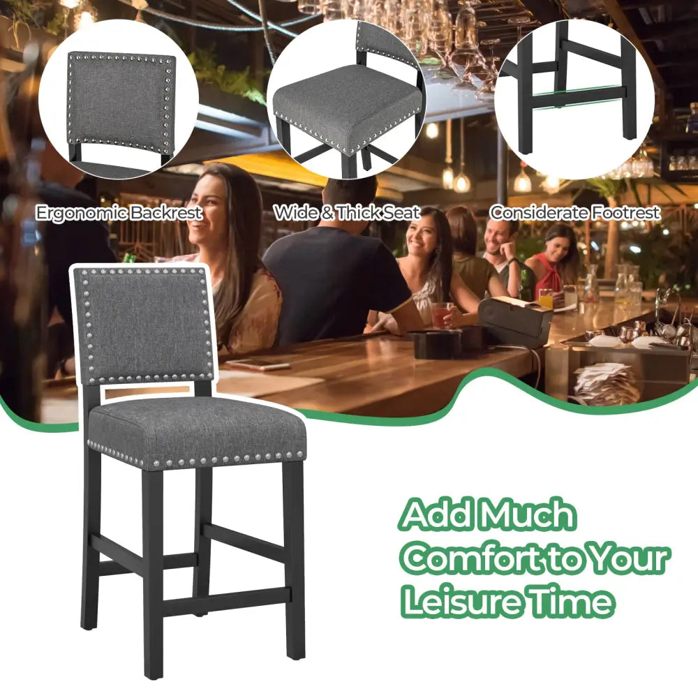 38.5/43.5 Inch Set of 2 Counter Height Chairs with Solid Rubber Wood Frame-S - Gray - Dining Chairs