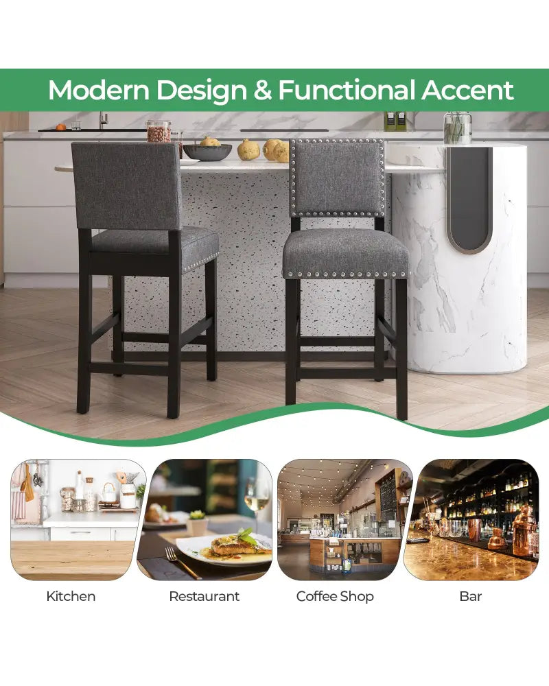 38.5/43.5 Inch Set of 2 Counter Height Chairs with Solid Rubber Wood Frame-S - Gray - Dining Chairs