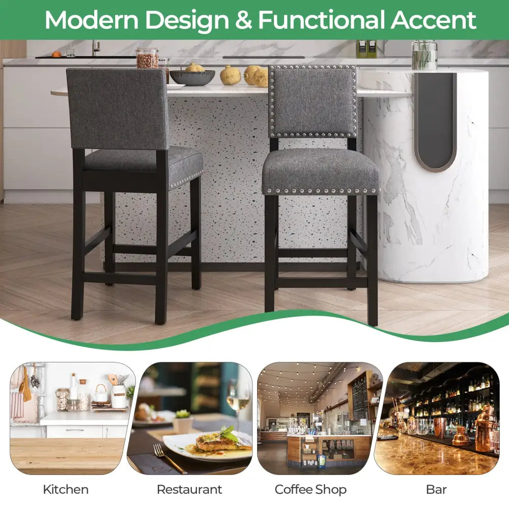 38.5/43.5 Inch Set of 2 Counter Height Chairs with Solid Rubber Wood Frame-S - Gray - Dining Chairs