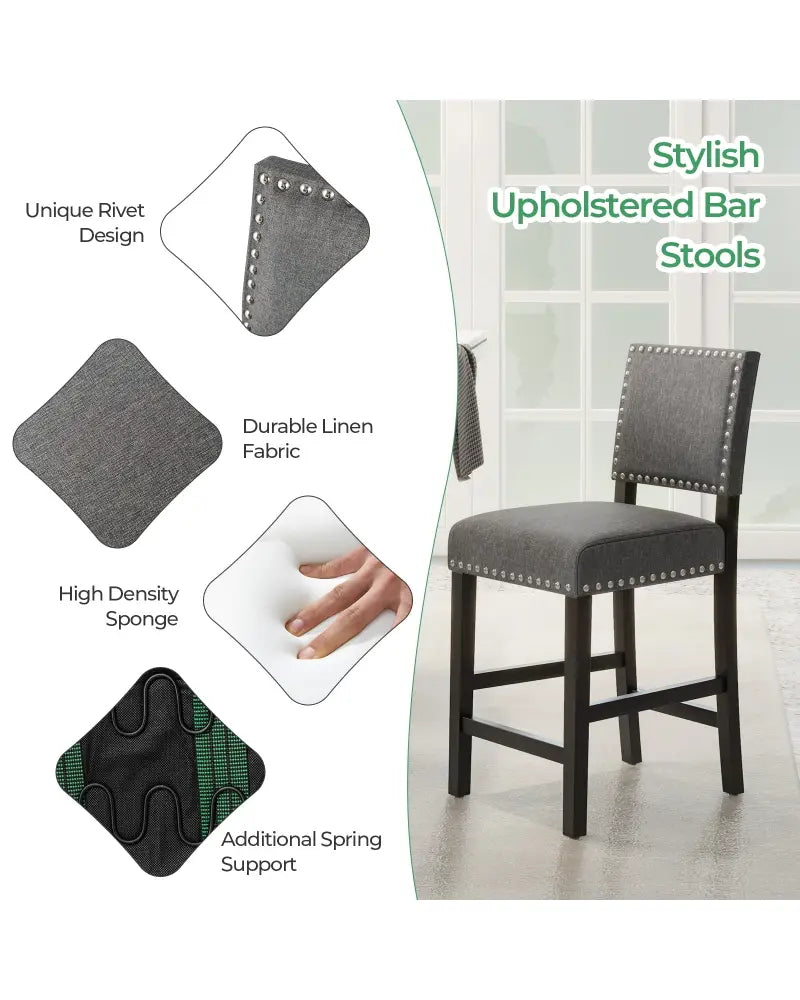 38.5/43.5 Inch Set of 2 Counter Height Chairs with Solid Rubber Wood Frame-S - Gray - Dining Chairs