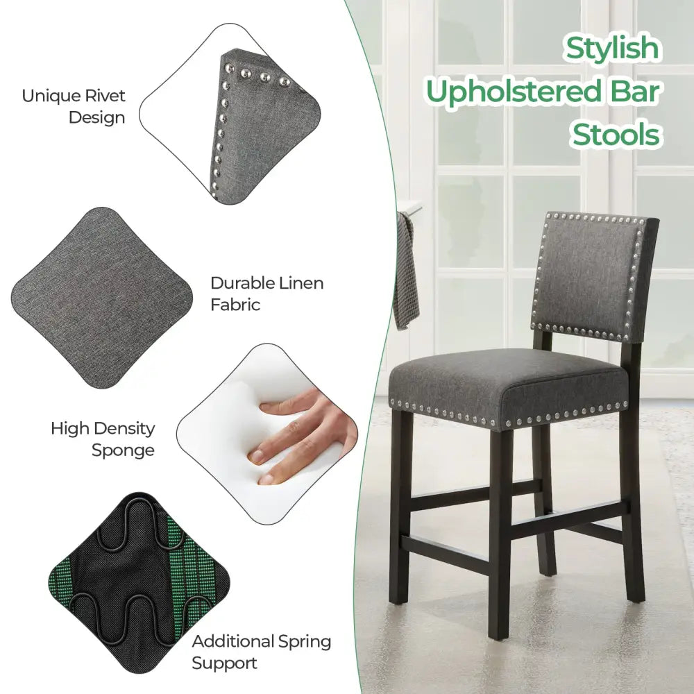 38.5/43.5 Inch Set of 2 Counter Height Chairs with Solid Rubber Wood Frame-S - Gray - Dining Chairs