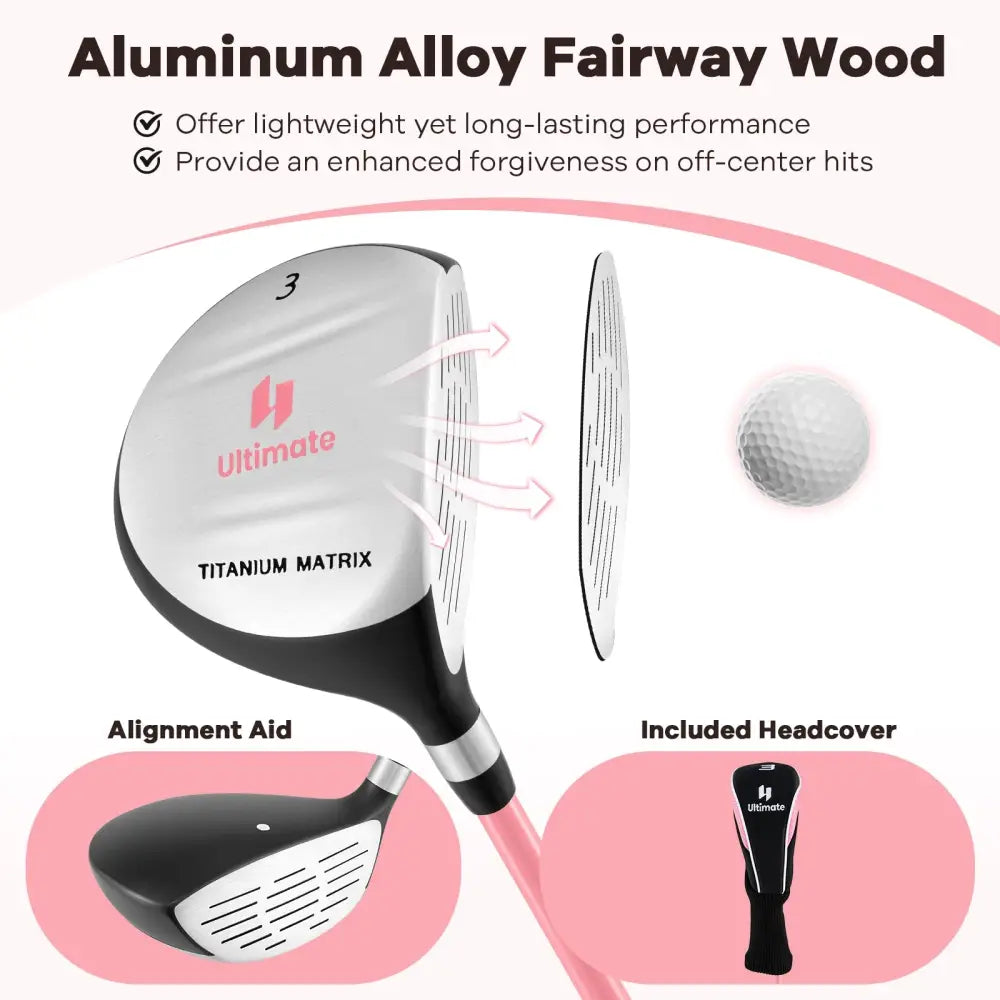 38 Inch 165CC Junior #3 Fairway Wood Golf Club with Fiberglass Shaft for Kids Ages 11-14-Pink - Pink - Golf