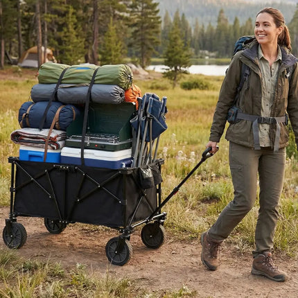 38 Inch 400 LBS Heavy-Duty Collapsible Wagon Cart with Adjustable Handle for Camping Garden-Black - Black - Garden Carts