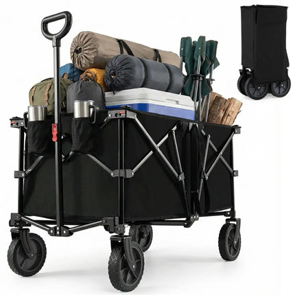 38 Inch 400 LBS Heavy-Duty Collapsible Wagon Cart with Adjustable Handle for Camping Garden-Black - Black - Garden Carts