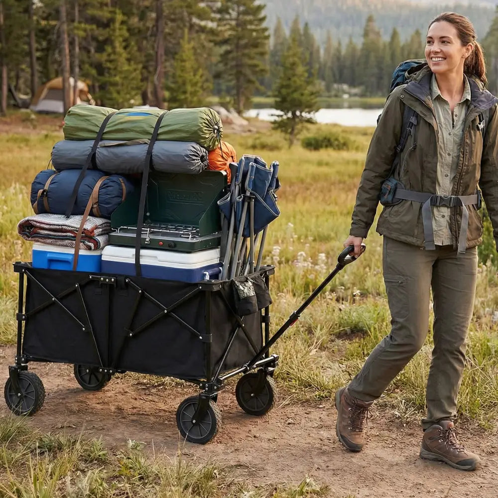 38 Inch 400 LBS Heavy-Duty Collapsible Wagon Cart with Adjustable Handle for Camping Garden-Black - Black - Garden Carts