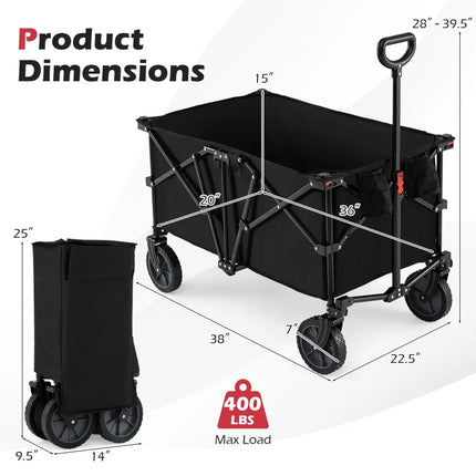38 Inch 400 LBS Heavy-Duty Collapsible Wagon Cart with Adjustable Handle for Camping Garden-Black - Black - Garden Carts