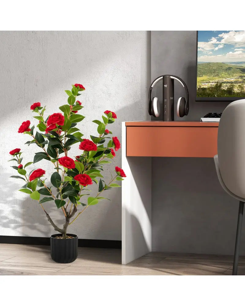 38 Inch Artificial Camellia Tree Faux Flower Plant in Cement Pot 2 Pack-Red - Red - Faux Plants