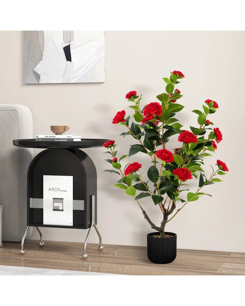 38 Inch Artificial Camellia Tree Faux Flower Plant in Cement Pot 2 Pack-Red - Red - Faux Plants