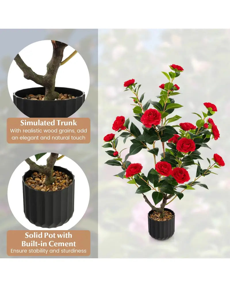 38 Inch Artificial Camellia Tree Faux Flower Plant in Cement Pot 2 Pack-Red - Red - Faux Plants