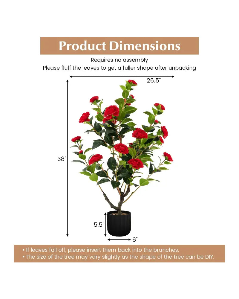 38 Inch Artificial Camellia Tree Faux Flower Plant in Cement Pot 2 Pack-Red - Red - Faux Plants