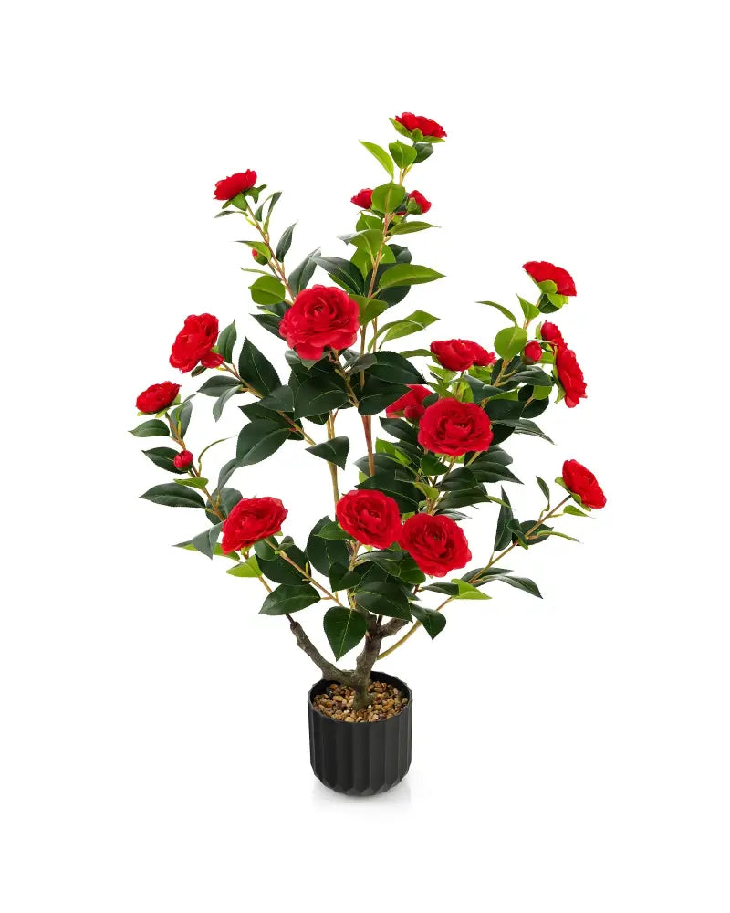 38 Inch Artificial Camellia Tree Faux Flower Plant in Cement Pot 2 Pack-Red - Red - Faux Plants