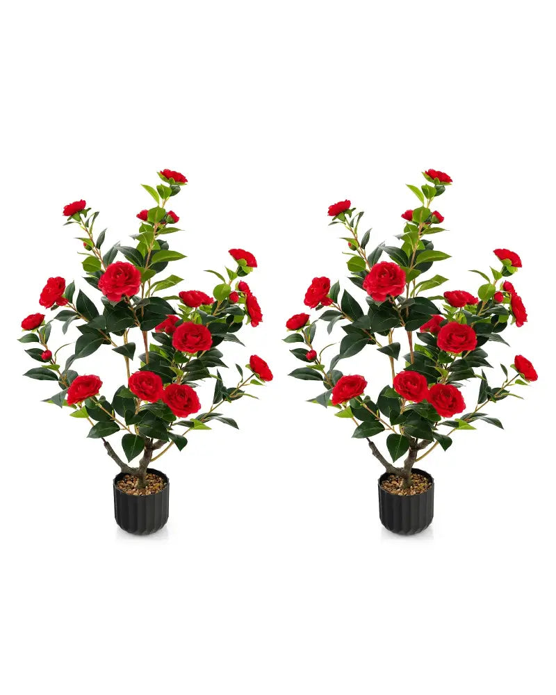 38 Inch Artificial Camellia Tree Faux Flower Plant in Cement Pot 2 Pack-Red - Red - Faux Plants
