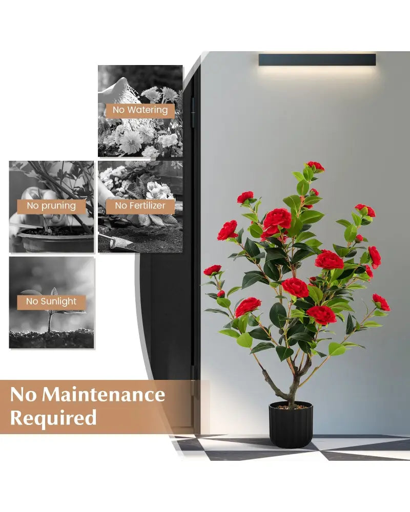 38 Inch Artificial Camellia Tree Faux Flower Plant in Cement Pot 2 Pack-Red - Red - Faux Plants