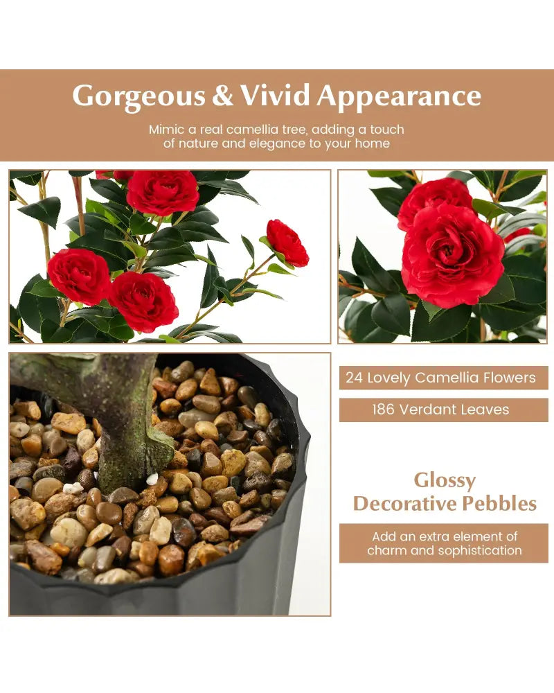 38 Inch Artificial Camellia Tree Faux Flower Plant in Cement Pot 2 Pack-Red - Red - Faux Plants