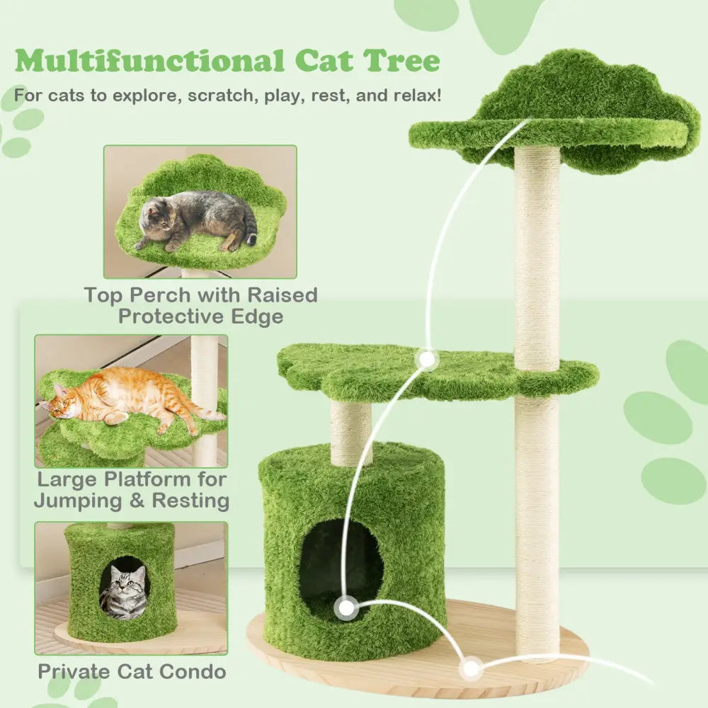 38 Inch Cute Cat Tree for Indoor Cats with Fully Wrapped Sisal Scratching Posts-Green - Green - Cat Trees Condos &