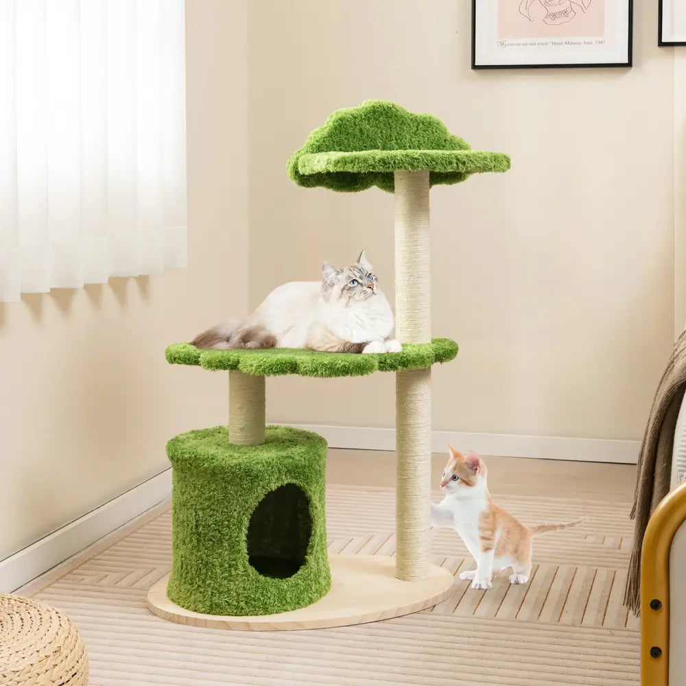 38 Inch Cute Cat Tree for Indoor Cats with Fully Wrapped Sisal Scratching Posts-Green - Green - Cat Trees Condos &