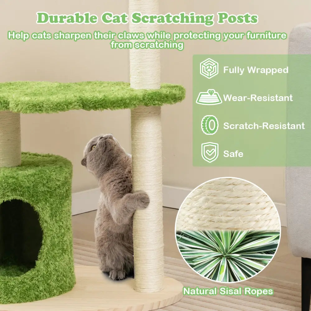 38 Inch Cute Cat Tree for Indoor Cats with Fully Wrapped Sisal Scratching Posts-Green - Green - Cat Trees Condos &
