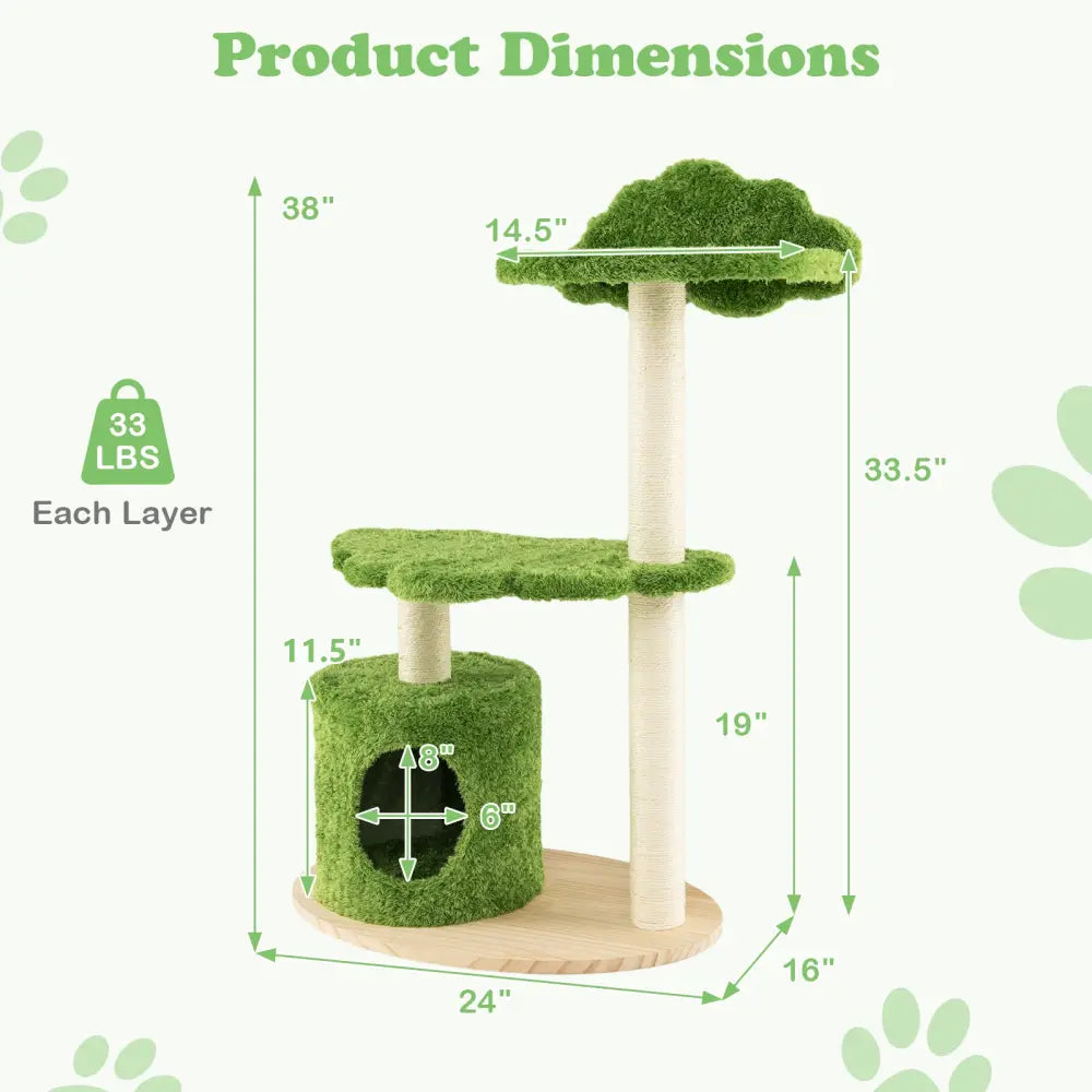 38 Inch Cute Cat Tree for Indoor Cats with Fully Wrapped Sisal Scratching Posts-Green - Green - Cat Trees Condos &