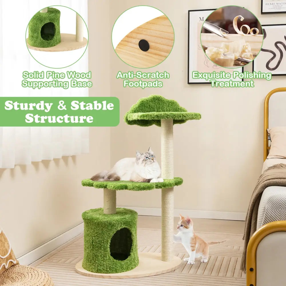 38 Inch Cute Cat Tree for Indoor Cats with Fully Wrapped Sisal Scratching Posts-Green - Green - Cat Trees Condos &