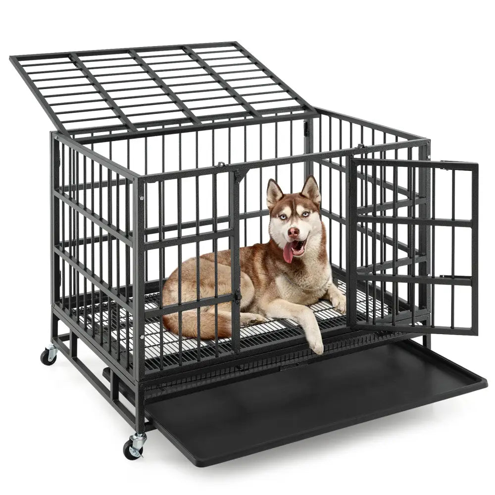 38 Inch Foldable Heavy-Duty Metal Dog Cage with Lockable Rolling Casters and Tray-38 inches - Black - Dog Kennels