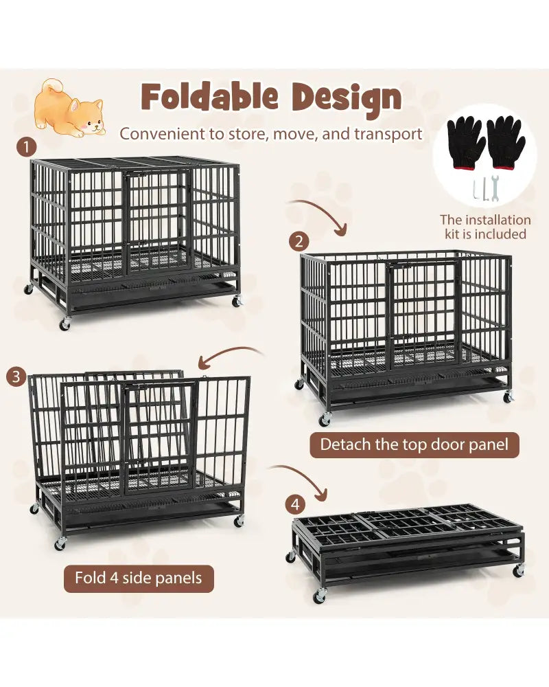 38 Inch Foldable Heavy-Duty Metal Dog Cage with Lockable Rolling Casters and Tray-38 inches - Black - Dog Kennels