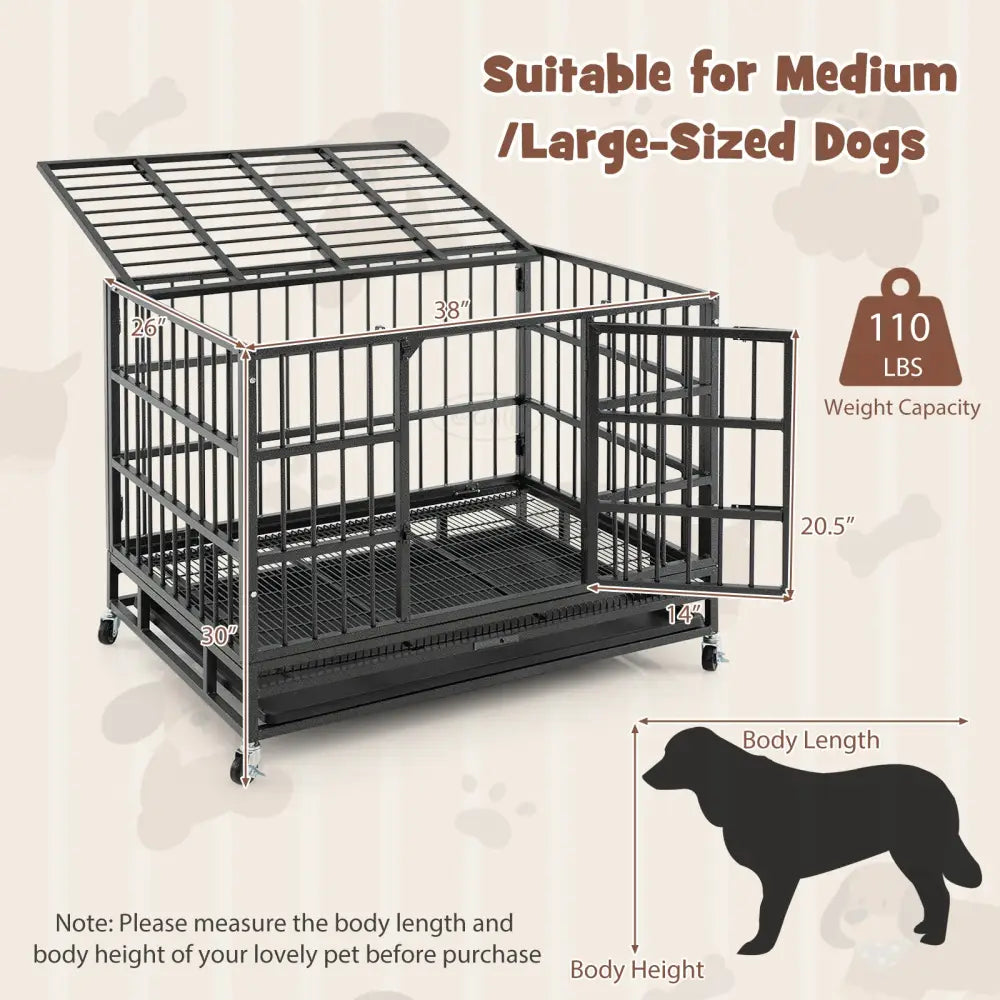 38 Inch Foldable Heavy-Duty Metal Dog Cage with Lockable Rolling Casters and Tray-38 inches - Black - Dog Kennels