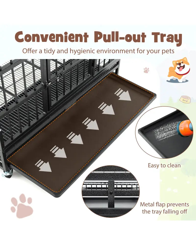 38 Inch Foldable Heavy-Duty Metal Dog Cage with Lockable Rolling Casters and Tray-38 inches - Black - Dog Kennels