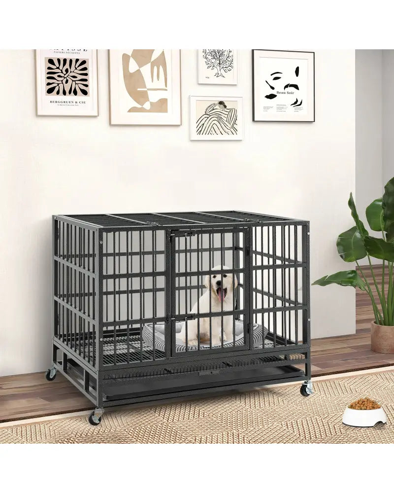 38 Inch Foldable Heavy-Duty Metal Dog Cage with Lockable Rolling Casters and Tray-38 inches - Black - Dog Kennels