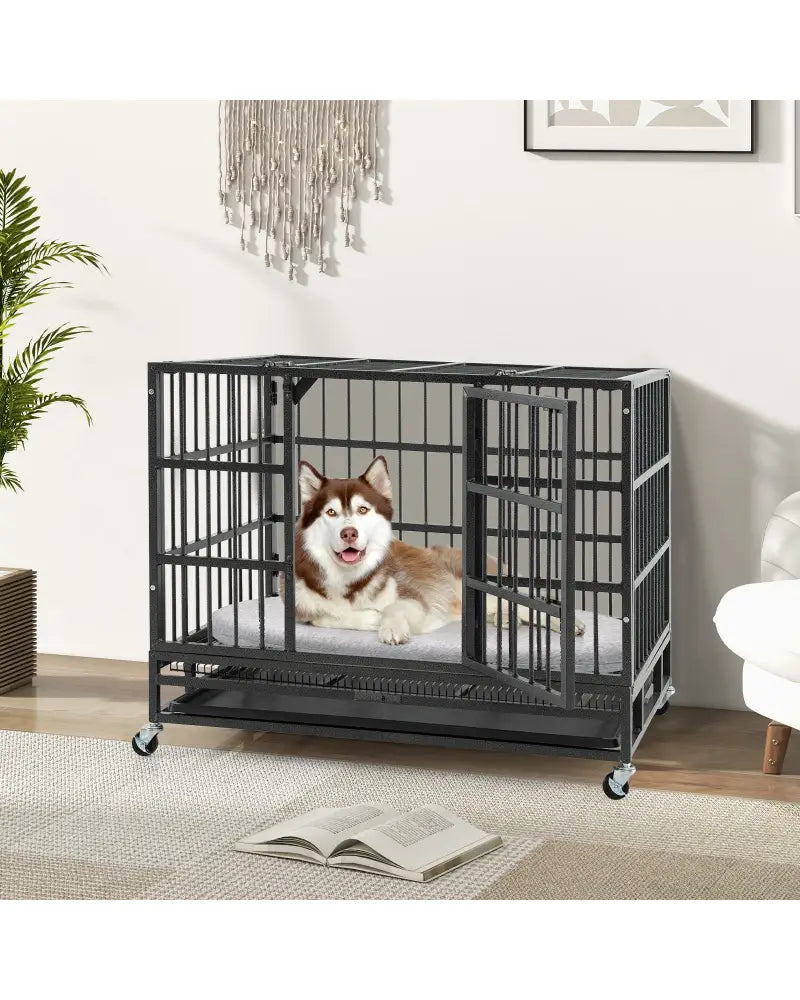 38 Inch Foldable Heavy-Duty Metal Dog Cage with Lockable Rolling Casters and Tray-38 inches - Black - Dog Kennels
