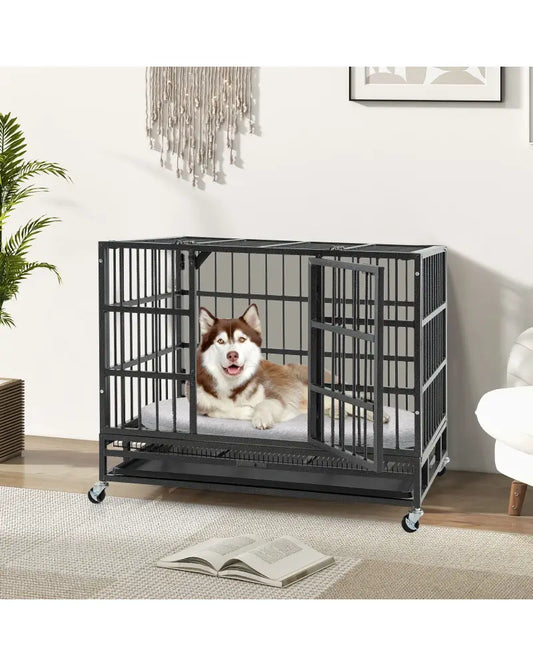 38 Inch Foldable Heavy-Duty Metal Dog Cage with Lockable Rolling Casters and Tray-38 inches - Black - Dog Kennels