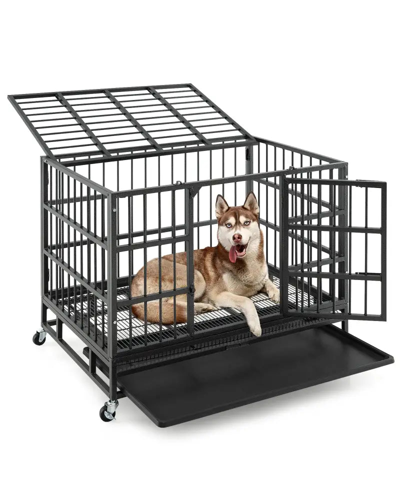 38 Inch Foldable Heavy-Duty Metal Dog Cage with Lockable Rolling Casters and Tray-38 inches - Black - Dog Kennels
