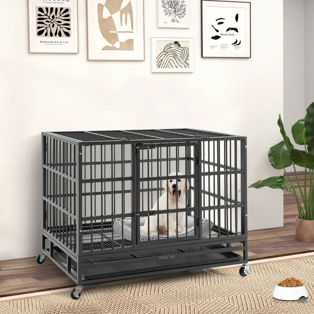 38 Inch Foldable Heavy-Duty Metal Dog Cage with Lockable Rolling Casters and Tray-38 inches - Black - Dog Kennels