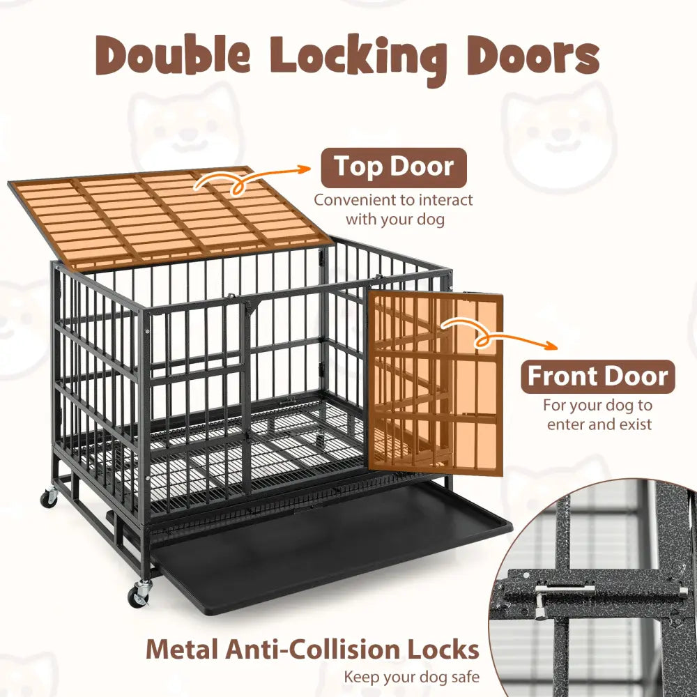 38 Inch Foldable Heavy-Duty Metal Dog Cage with Lockable Rolling Casters and Tray-38 inches - Black - Dog Kennels