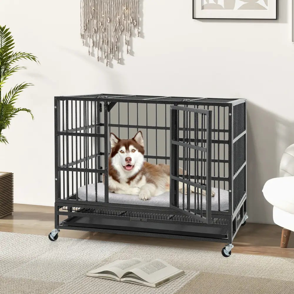 38 Inch Foldable Heavy-Duty Metal Dog Cage with Lockable Rolling Casters and Tray-38 inches - Black - Dog Kennels