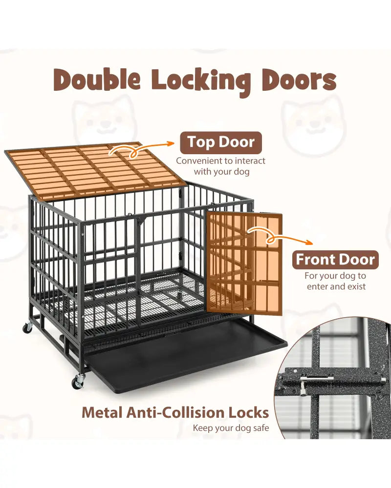 38 Inch Foldable Heavy-Duty Metal Dog Cage with Lockable Rolling Casters and Tray-38 inches - Black - Dog Kennels