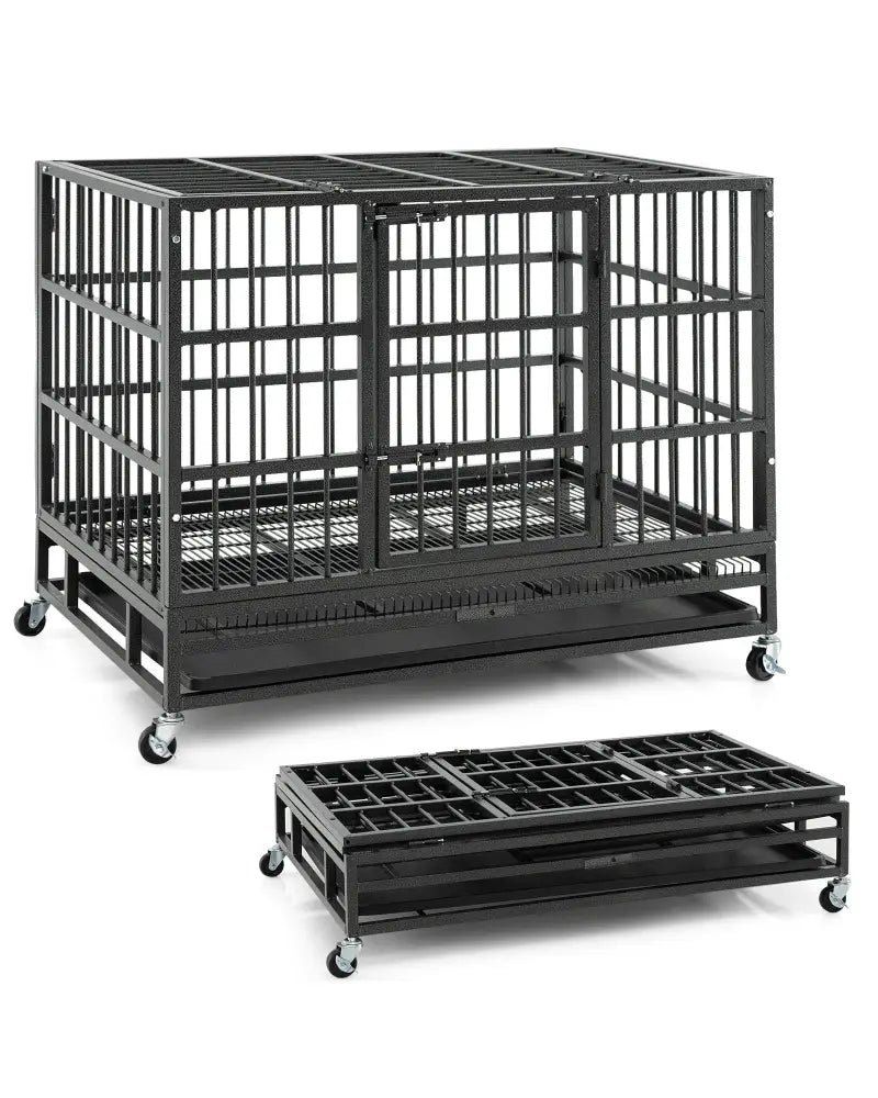 38 Inch Foldable Heavy-Duty Metal Dog Cage with Lockable Rolling Casters and Tray-38 inches - Black - Dog Kennels