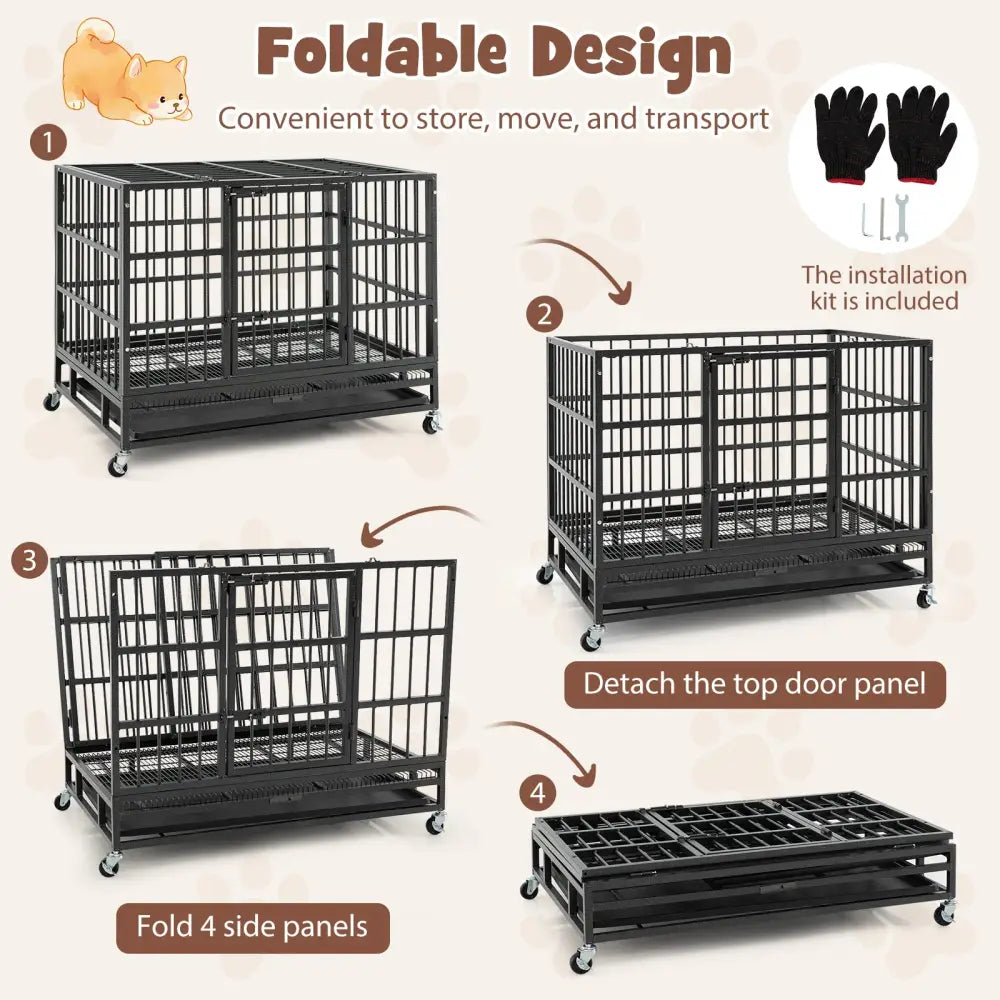 38 Inch Foldable Heavy-Duty Metal Dog Cage with Lockable Rolling Casters and Tray-38 inches - Black - Dog Kennels